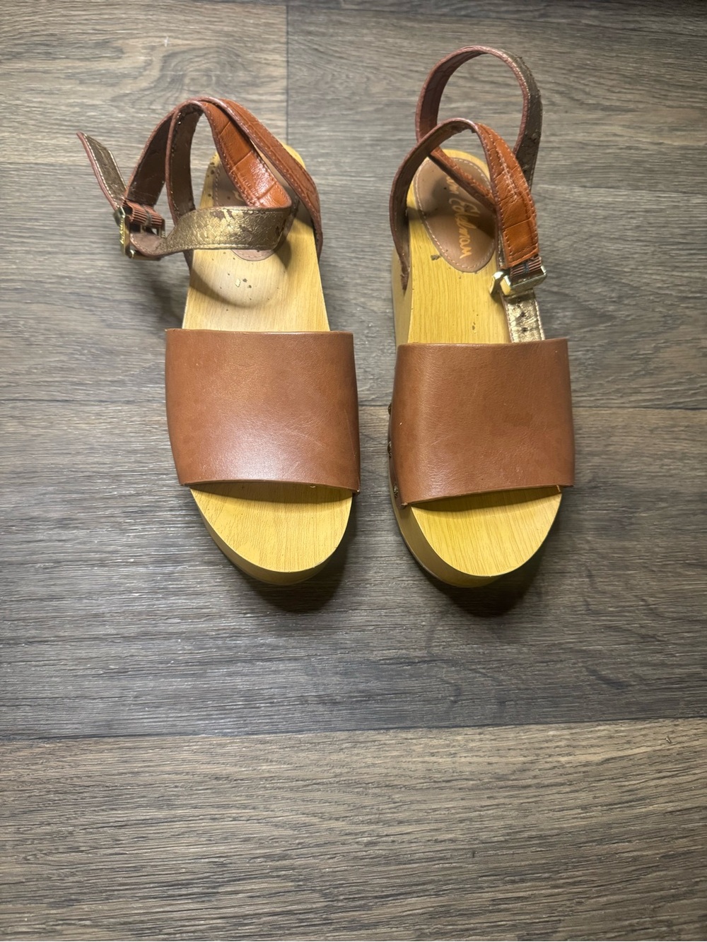 Sam Edelman Brown Leather Platform Slide Sandals with Ankle Strap